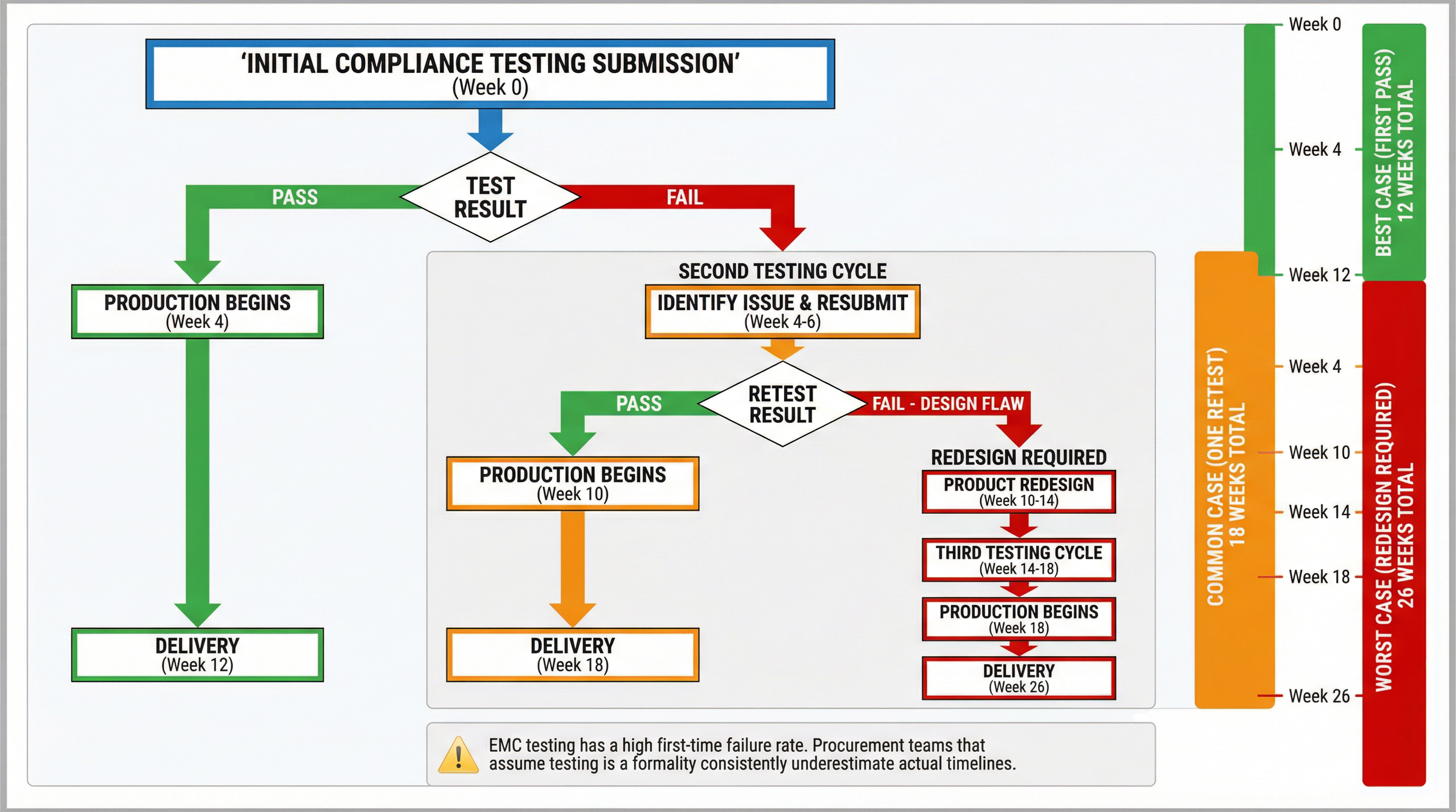Cascade effect of compliance test failure showing best case, common case, and worst case scenarios