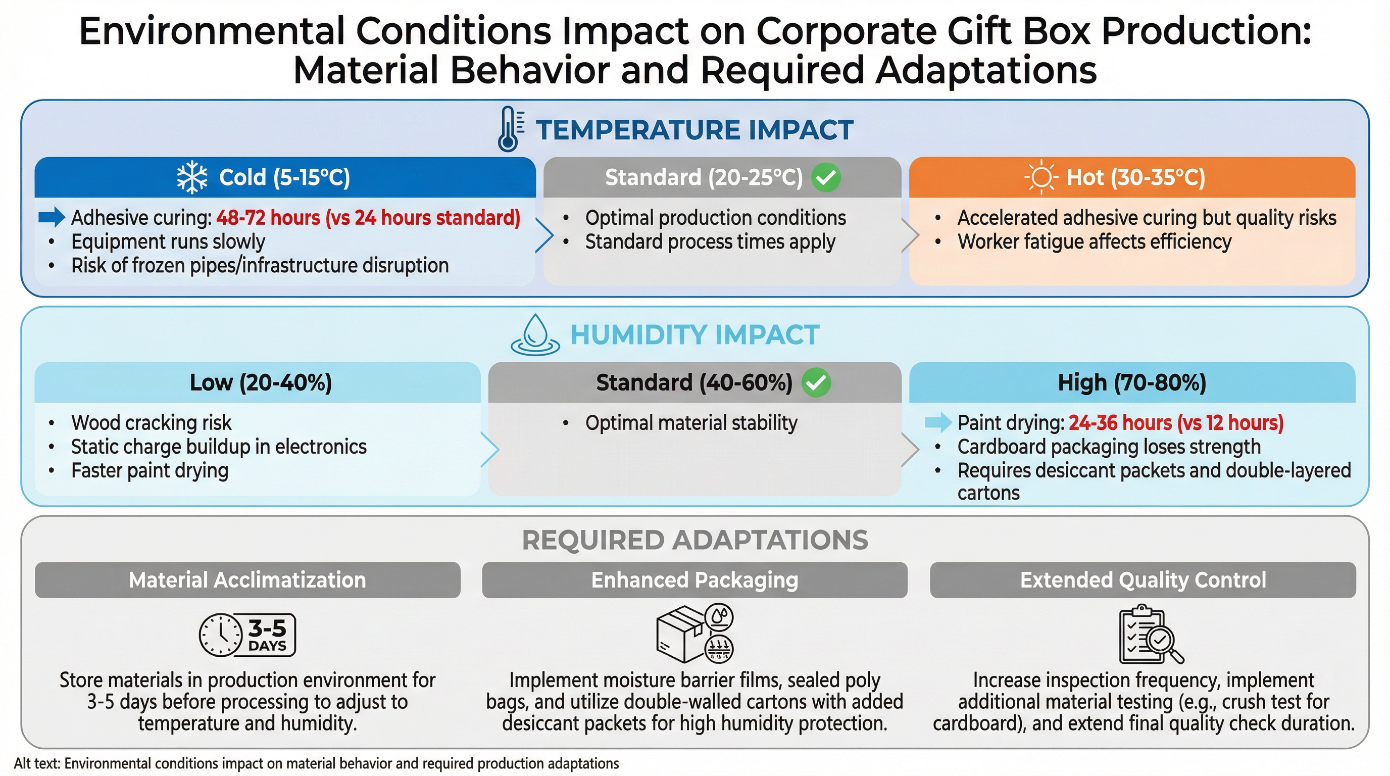 Environmental conditions impact on material behavior and required production adaptations