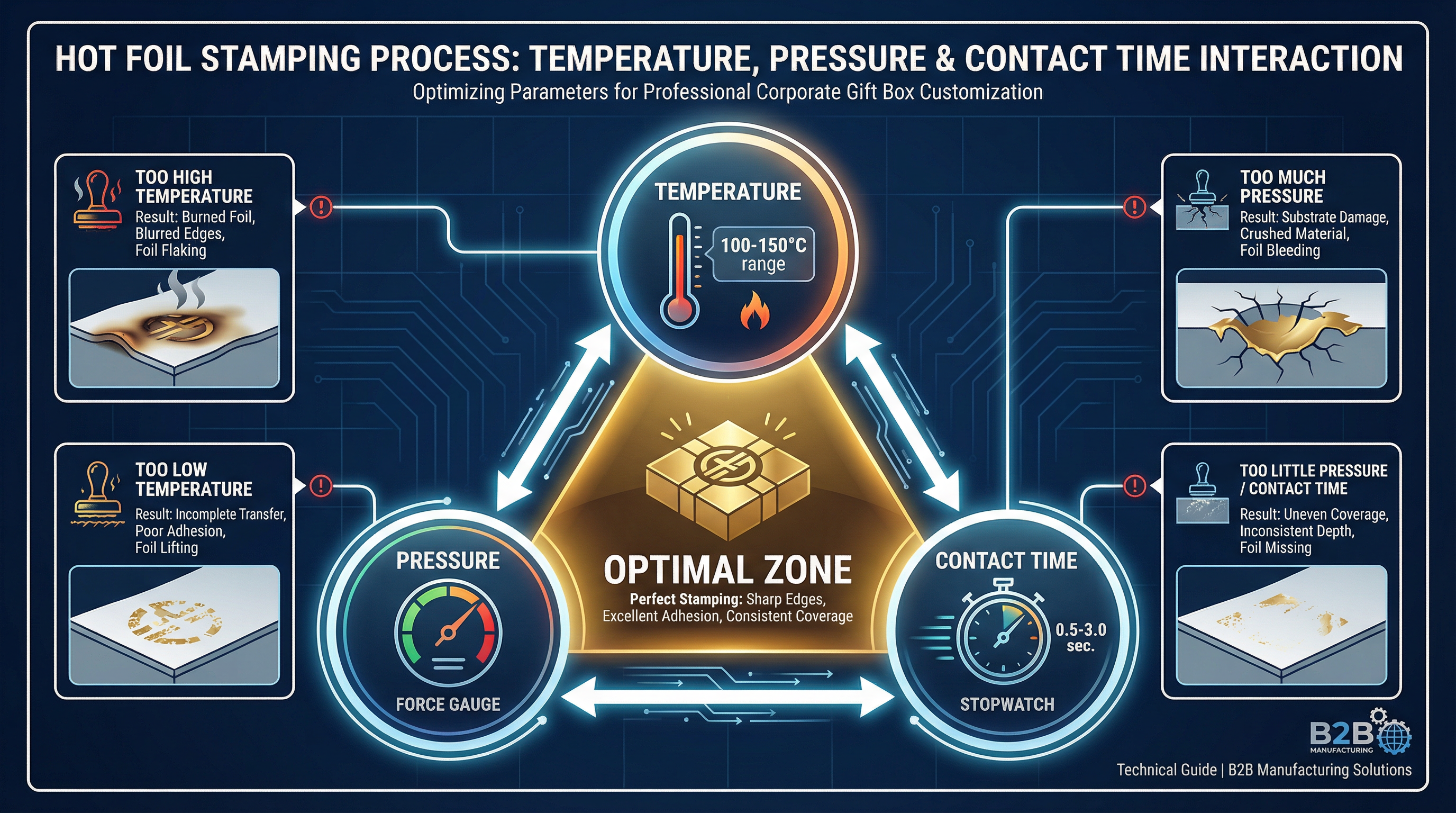 燙金工藝中溫度、壓力與接觸時間的交互作用示意圖